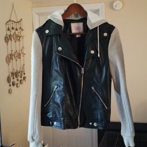 Pleather/Sweat Shirt Hooded Jacket